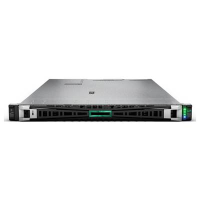 Un rack serveur argenté avec des voyants lumineux indiquant son fonctionnement.