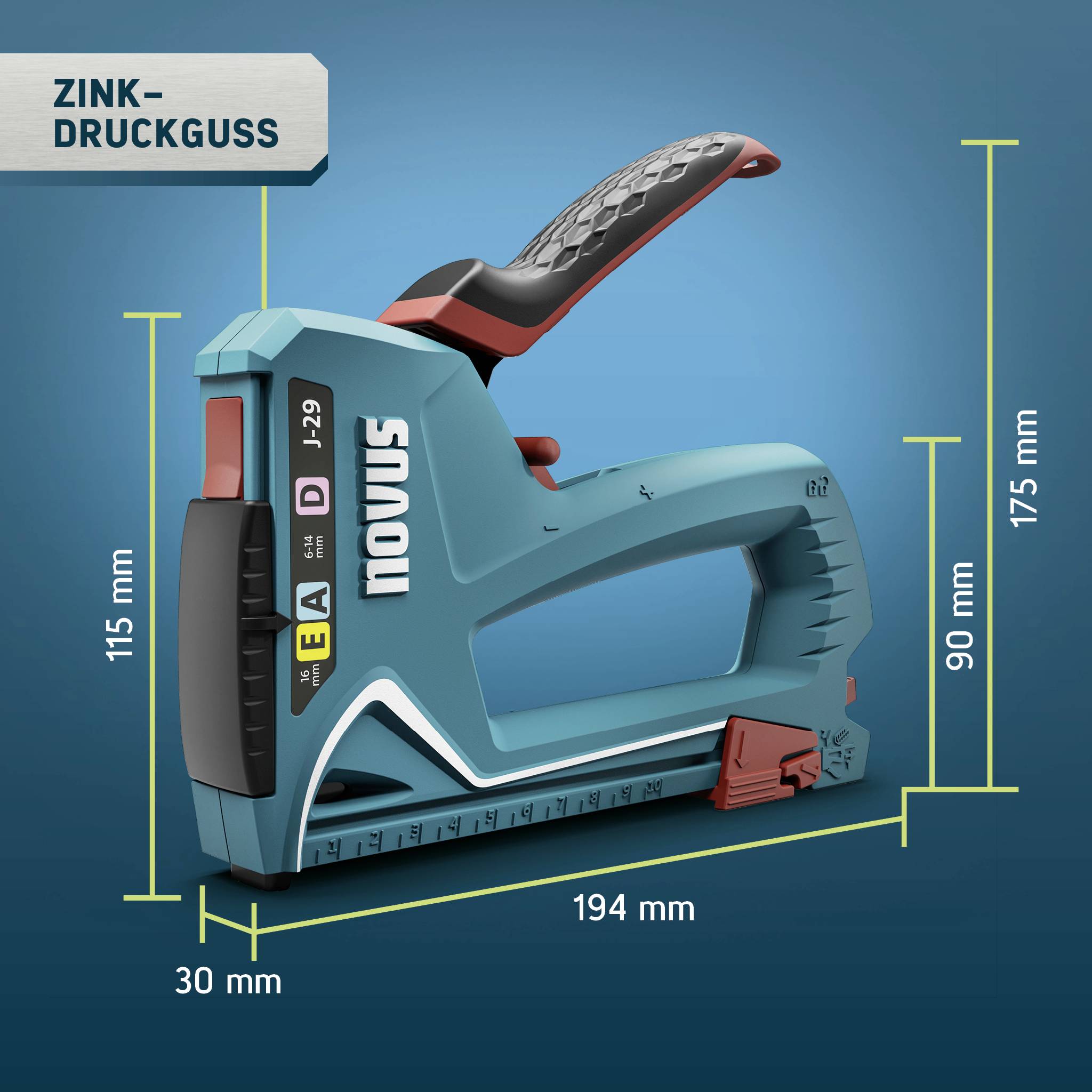 Tacker, Modèle D-29 de Novus, en fonte de zinc, bleu. Dimensions : 115 mm de hauteur, 194 mm de longueur, 30 mm de largeur. Adapté pour les agrafes.