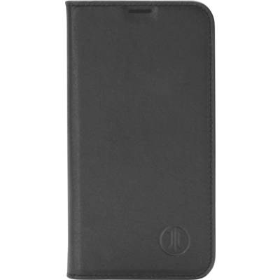 Étui de téléphone en cuir noir avec un petit logo rond sur la face avant.