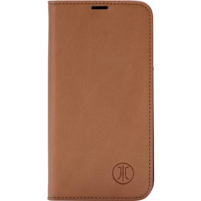 Étui de téléphone en cuir marron avec coutures apparentes et un petit logo circulaire en bas.