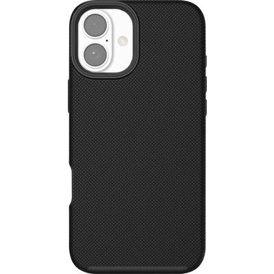 Un smartphone noir avec un étui protecteur texturé. La caméra à deux objectifs est visible en haut à gauche.