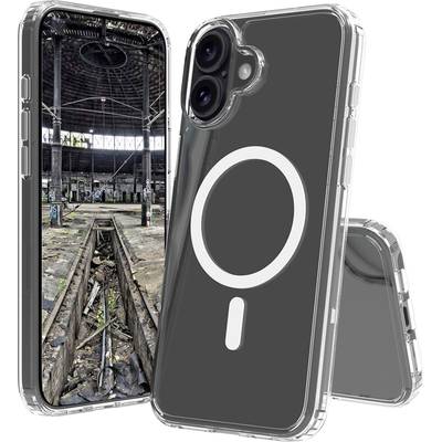 Une coque de smartphone transparente affichant l'image d'un bâtiment industriel abandonné, avec des rails et de l'herbe à l'intérieur.