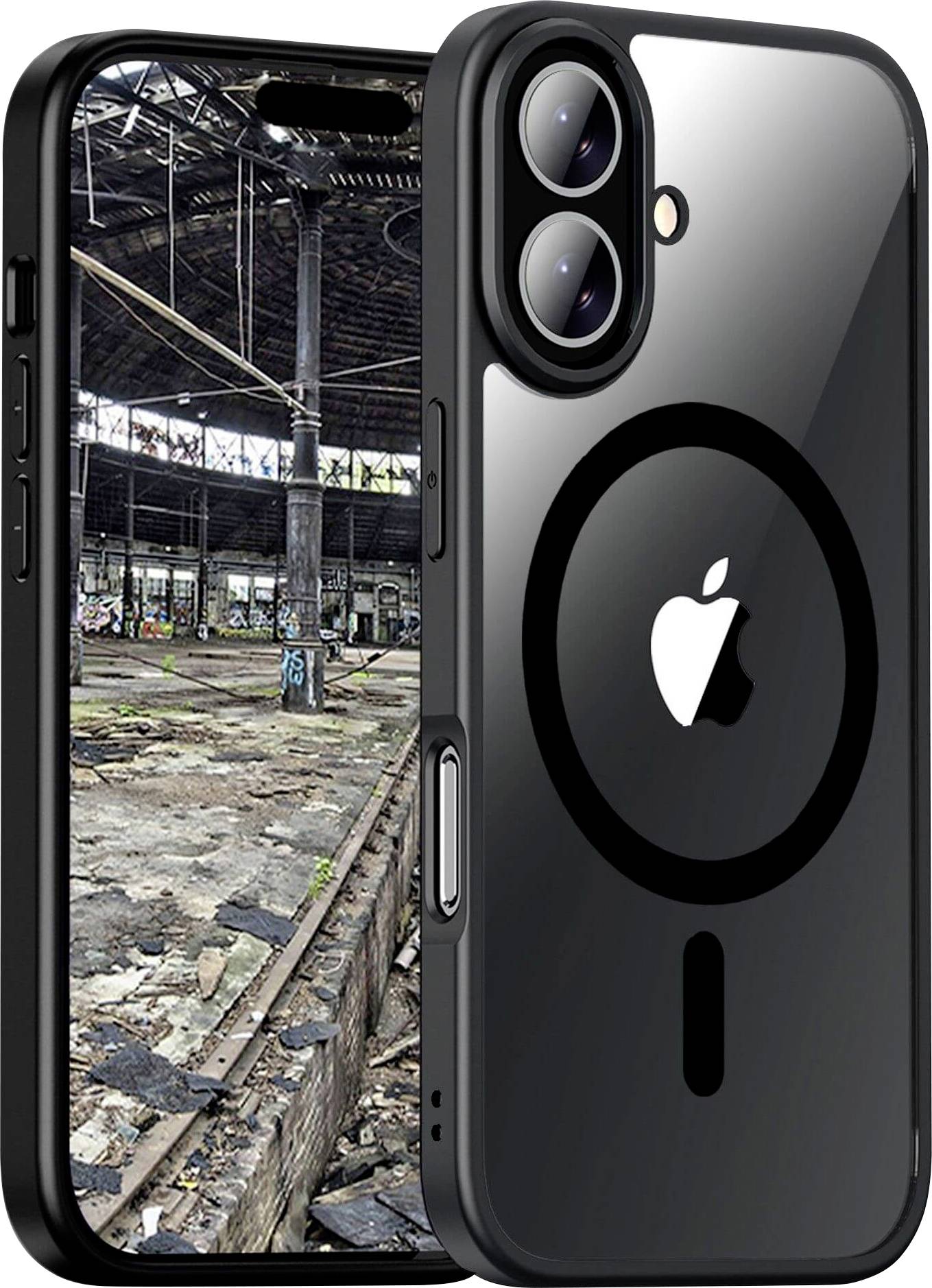 Smartphone avec boîtier noir, face arrière présentant un grand design circulaire autour du logo Apple ; l'écran affiche une halle d'usine abandonnée.