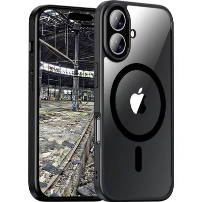 Smartphone avec boîtier noir, face arrière présentant un grand design circulaire autour du logo Apple ; l'écran affiche une halle d'usine abandonnée.