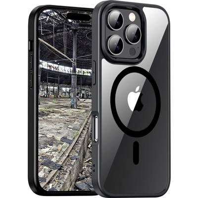 Smartphone avec vue sur un bâtiment industriel délabré et abandonné à l'écran. La face arrière montre l'appareil photo et le logo Apple.