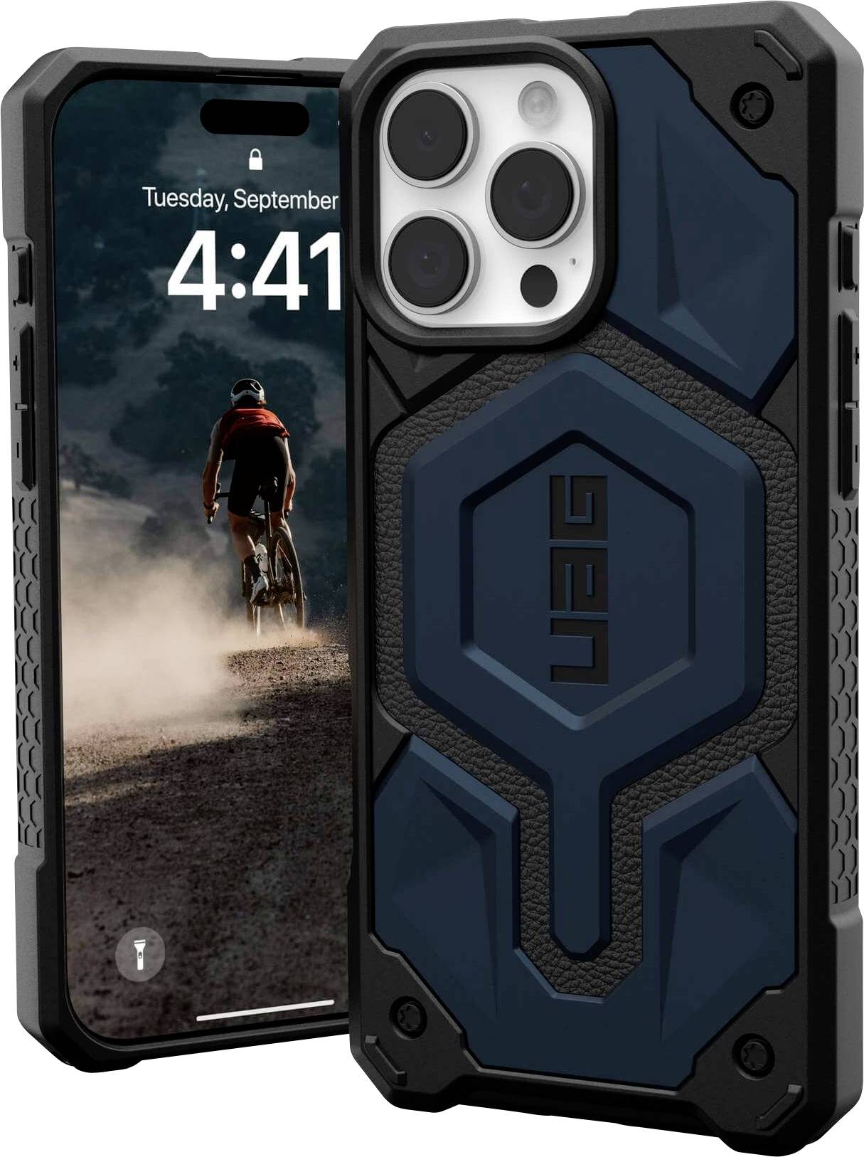Un smartphone avec une coque de protection robuste ; sur l'écran, on peut voir un cycliste sur une route poussiéreuse au coucher de soleil.