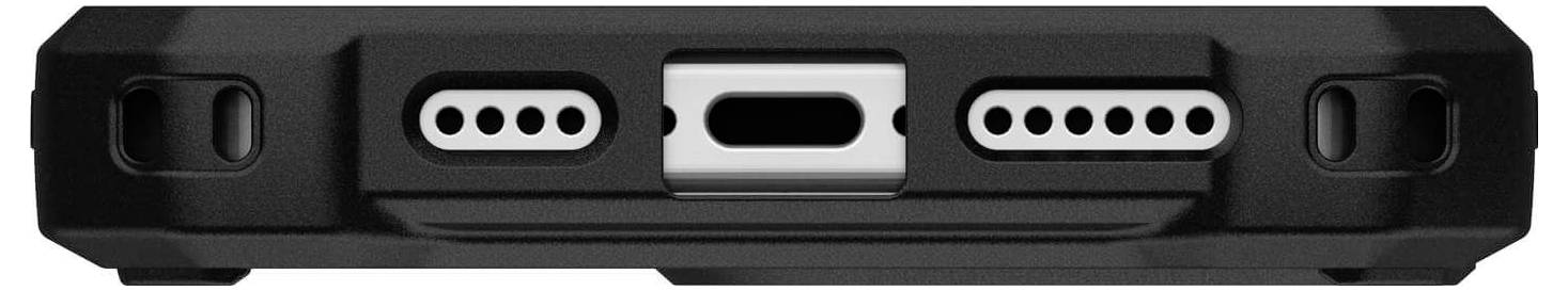 Coque de protection noire pour smartphone avec des ouvertures pour les haut-parleurs et le port de chargement sur la partie inférieure.