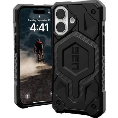 Un smartphone dans un étui noir robuste affiche sur son écran un cycliste sur une route poussiéreuse.