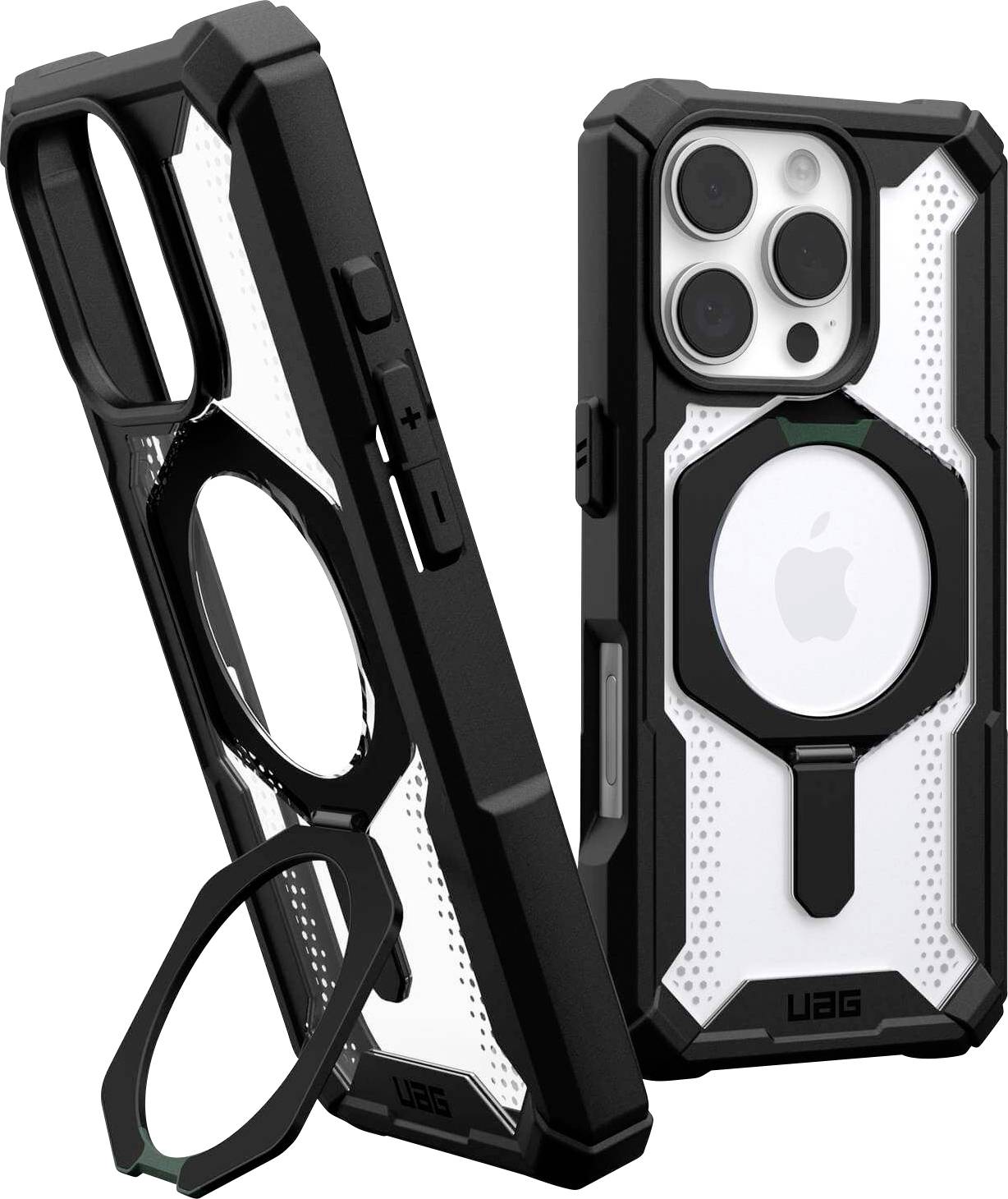 Deux étuis de smartphone robustes avec supports intégrés. L'un montre l'arrière d'un téléphone avec un logo, l'autre l'intérieur.