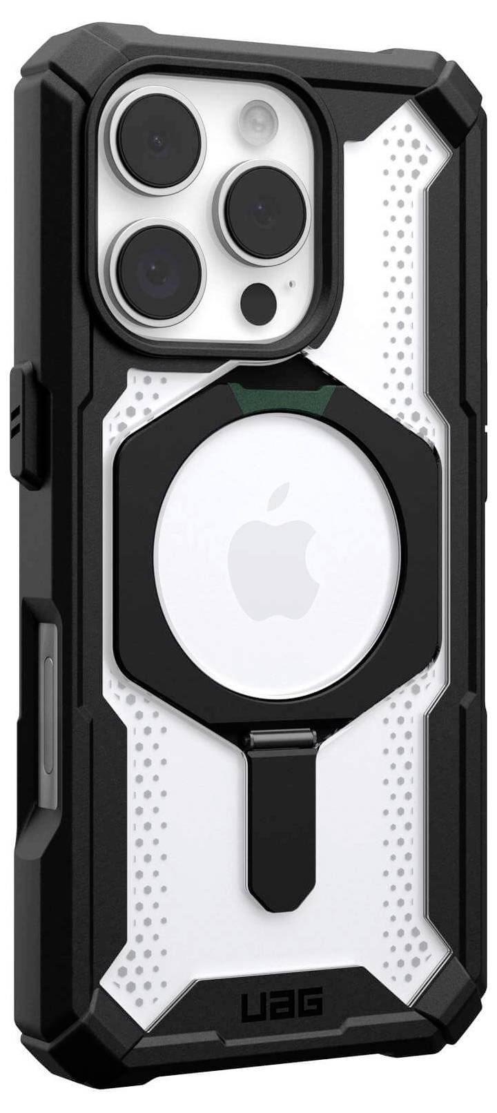 Un étui pour smartphone robuste en noir avec des accents clairs et blancs. Il dispose d'une grande découpe pour l'appareil photo et d'un anneau magnétique.