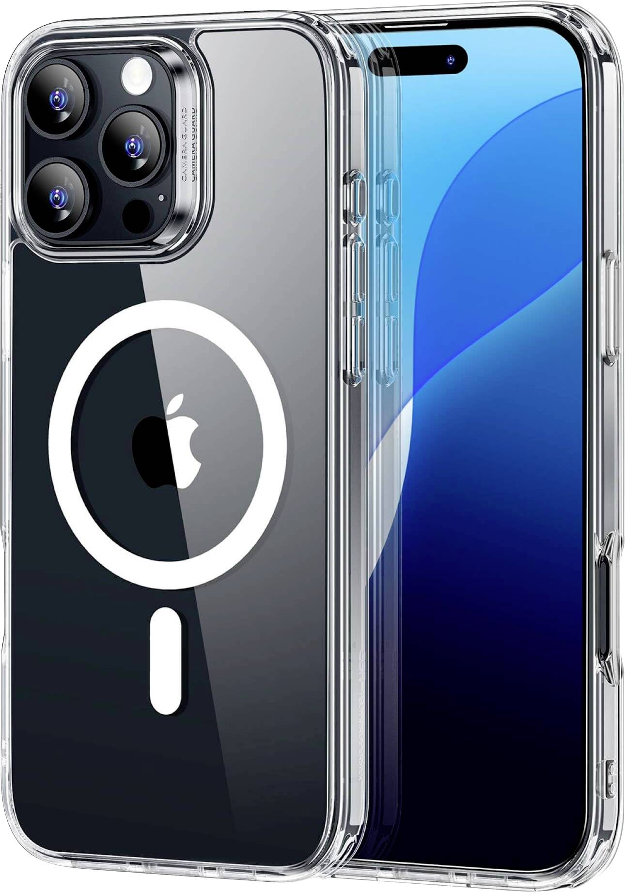 Étui de smartphone transparent avec symbole MagSafe blanc au dos, adapté à un téléphone mobile doté de trois objectifs de caméra.