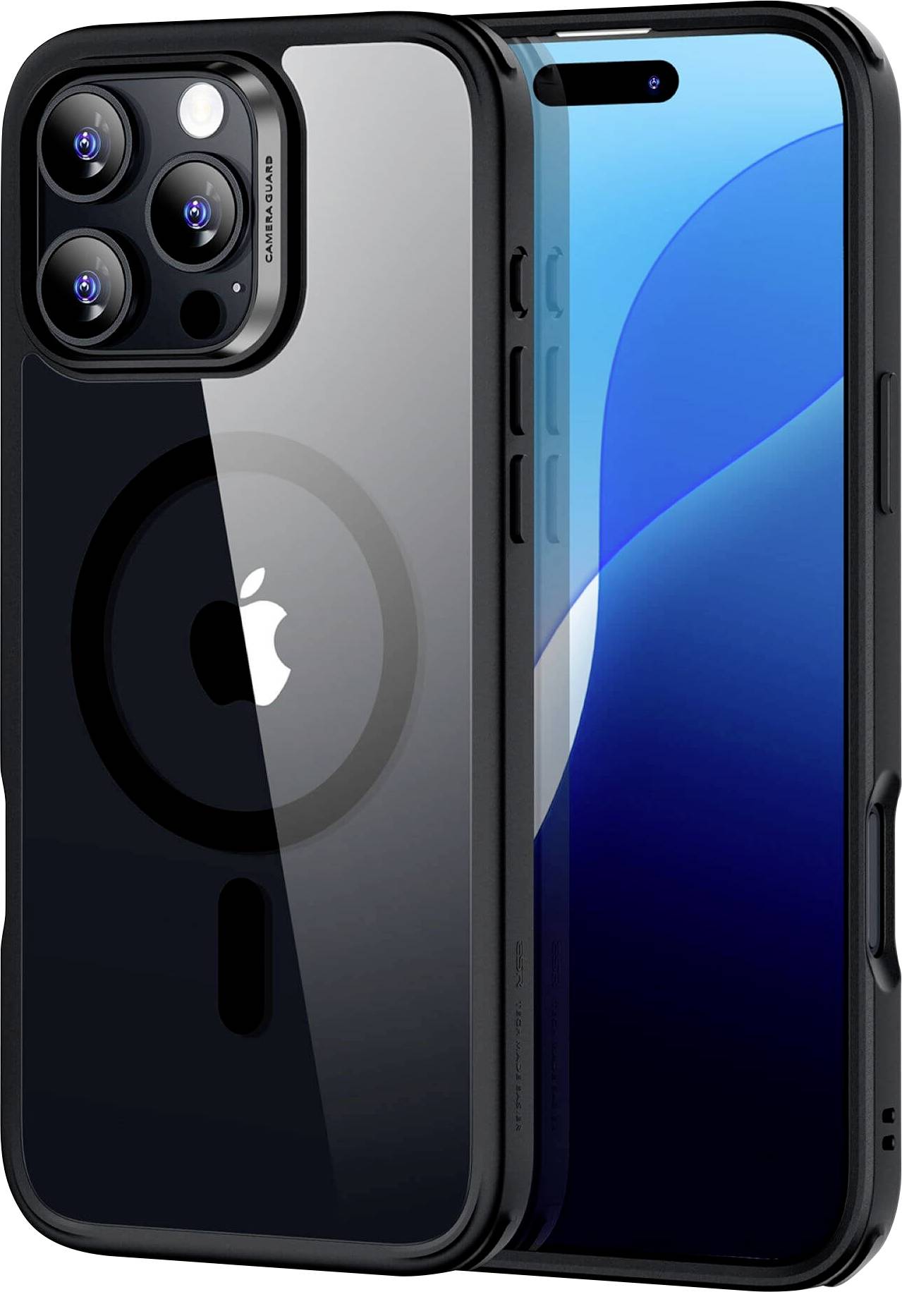 Smartphone avec boîtier noir et design circulaire à l'arrière. Caméra arrière avec trois objectifs visible. L'écran affiche un fond bleu.