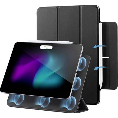 Une tablette dans un étui noir avec un support pour stylet affiche un écran abstrait et coloré. L'étui est positionné en mode support.
