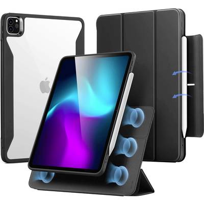 Étui pour iPad noir avec support, partie arrière transparente et porte-stylet Apple Pencil. Deux vues montrent l'étui ouvert et fermé.