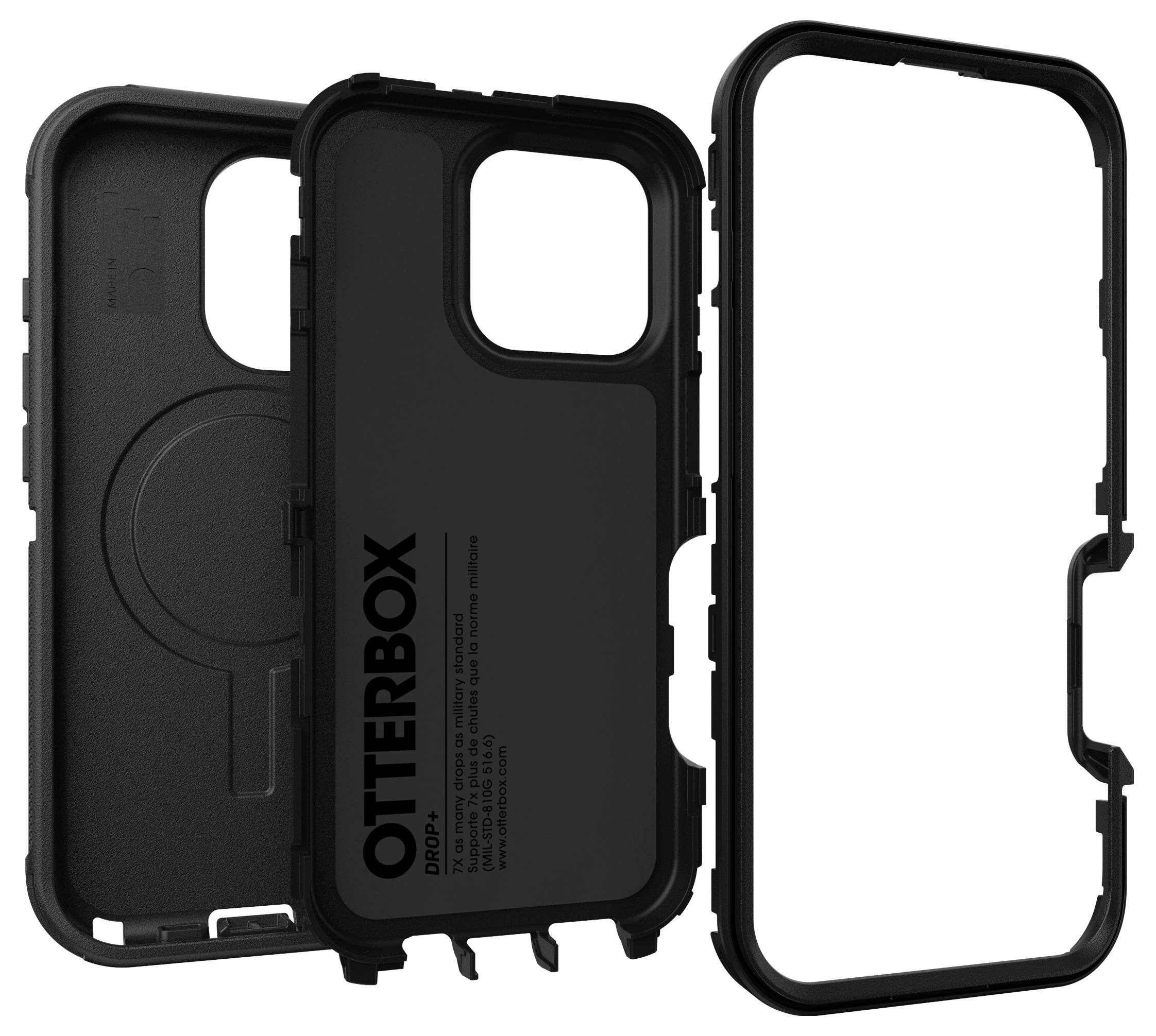 Étui de téléphone noir OtterBox en trois parties ; partie gauche montrant le logo, partie centrale ouverte, cadre droit.