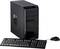 Ordinateur de bureau noir avec clavier et souris ; présente une configuration standard de PC de bureau ou domestique.