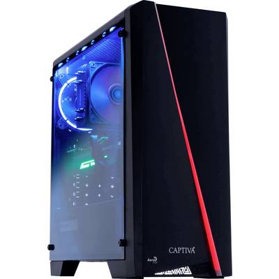 Ordinateur de bureau avec paroi latérale en verre, ligne LED rouge à l'avant et éclairage intérieur LED bleu. Composants matériels visibles.