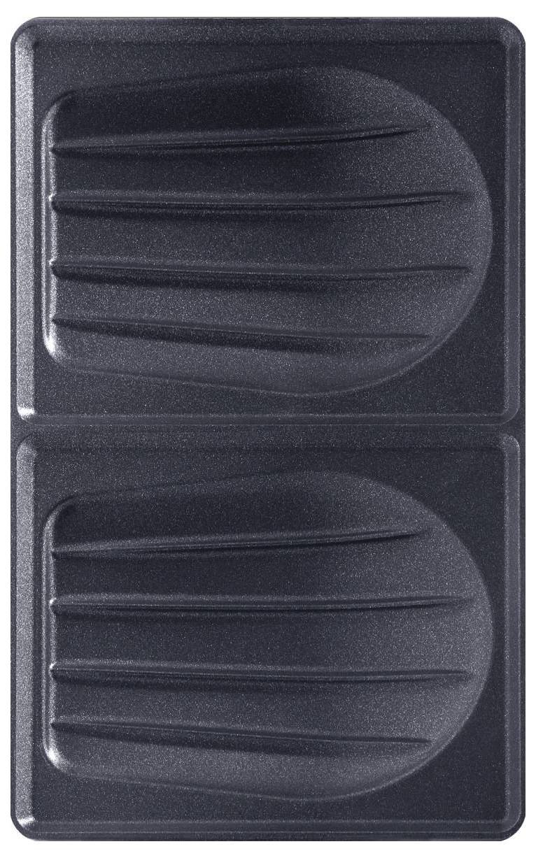 Deux plaques de grill rectangulaires noires avec une surface striée, disposées l'une au-dessus de l'autre.