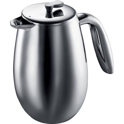Thermos en acier inoxydable argenté à surface brillante et couvercle rabattable, adapté pour maintenir les boissons au chaud.