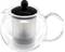 Théière en verre avec passoire à thé métallique intégrée et couvercle noir, idéale pour infuser des feuilles de thé en vrac.