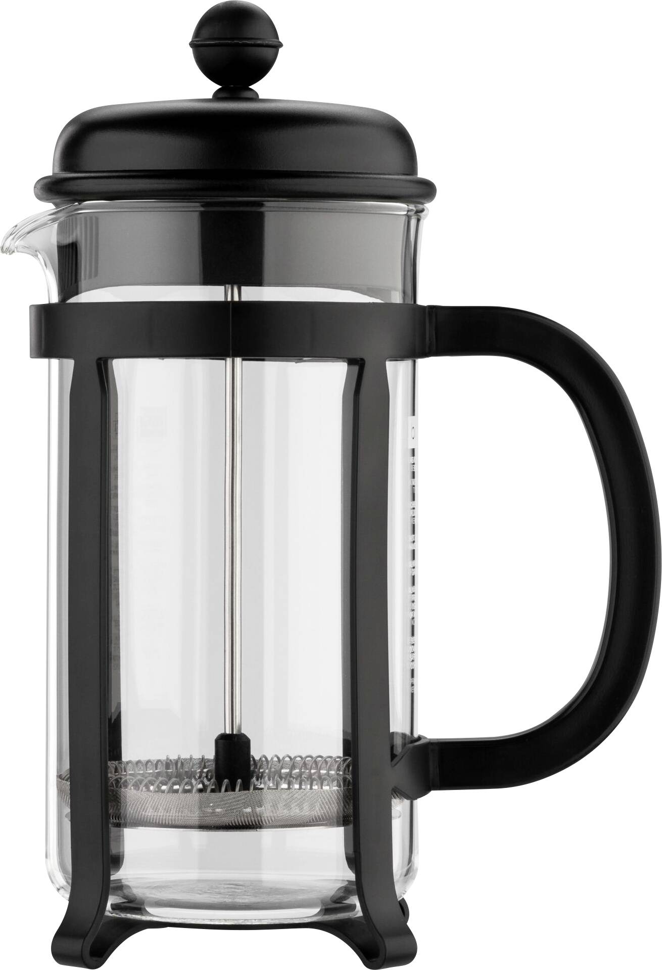 Cafetière à piston en verre avec poignée et couvercle noirs, adaptée à la préparation du café par infusion et pression.