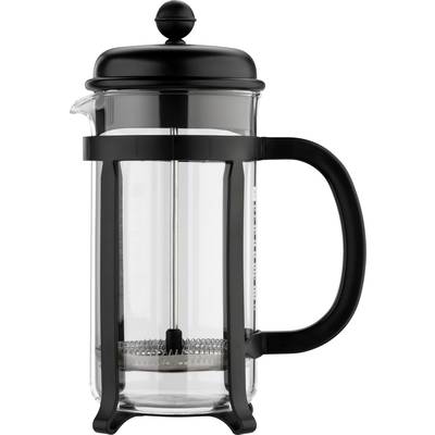 Cafetière à piston en verre avec poignée et couvercle noirs, adaptée à la préparation du café par infusion et pression.