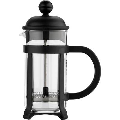 Une cafetière à piston en verre vide avec une poignée noire et un couvercle, placée verticalement.