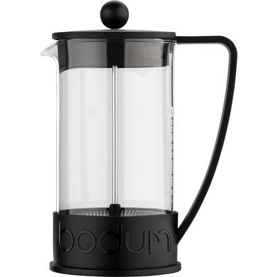 Cafetière en verre avec cadre et poignée en plastique noir ; nom de marque 'bodum' gravé à la base.