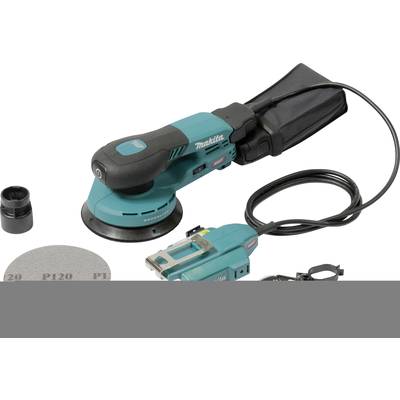 Ponceuse excentrique Makita en turquoise et noir, avec sac de collecte et câble électrique. Accessoires : disques de ponçage et petit adaptateur. Convient pour les travaux de ponçage.