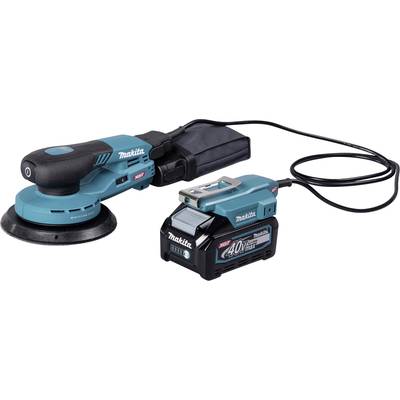 Un ponceuse électrique bleue sans fil avec une poignée noire et un pack batterie. L'appareil est connecté à une boîte en plastique.