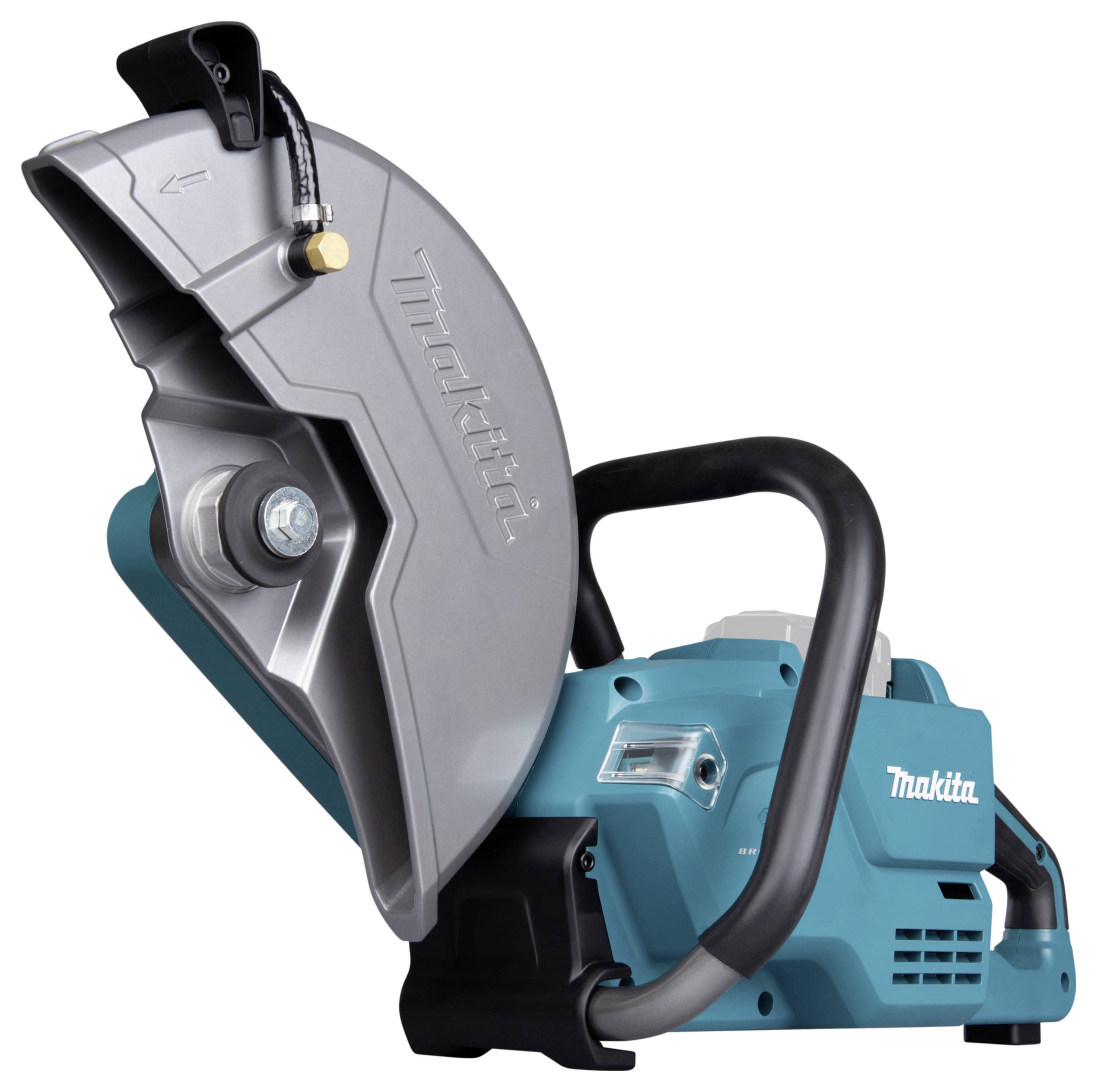 Un appareil de coupe électrique bleu-vert, portant la marque 'Makita', avec un grand disque métallique et une poignée ergonomique, vu de côté.
