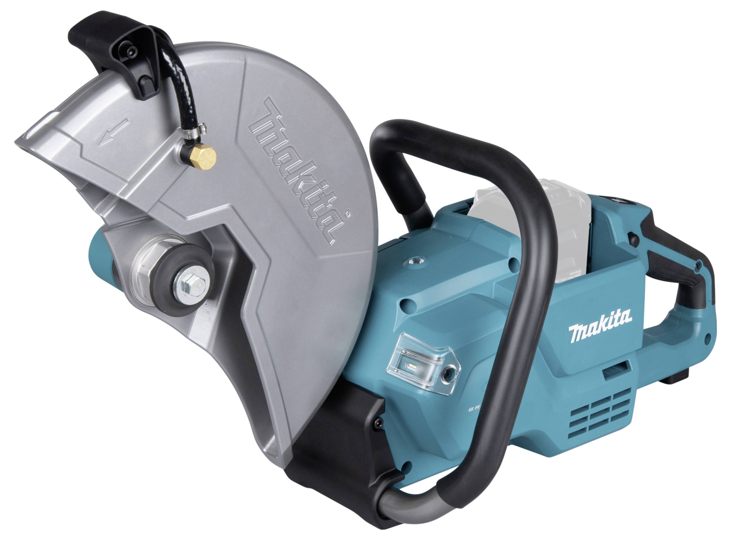 Meuleuse d'angle électrique Makita en bleu et argent, avec poignée ergonomique et grande lame de coupe, adaptée aux travaux de chantier.