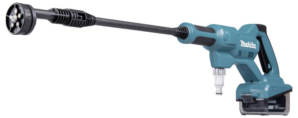 Lance de pulvérisation sans fil avec poignée bleue et long bras de projection noir, utilisée pour des travaux de nettoyage ou de pulvérisation.