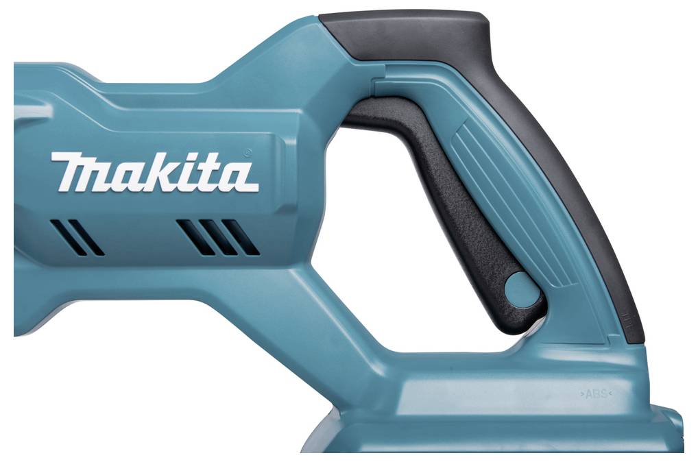Une poignée bleue d'un appareil électrique avec une partie de la poignée en noir et le nom de marque blanc 'Makita' sur le côté.