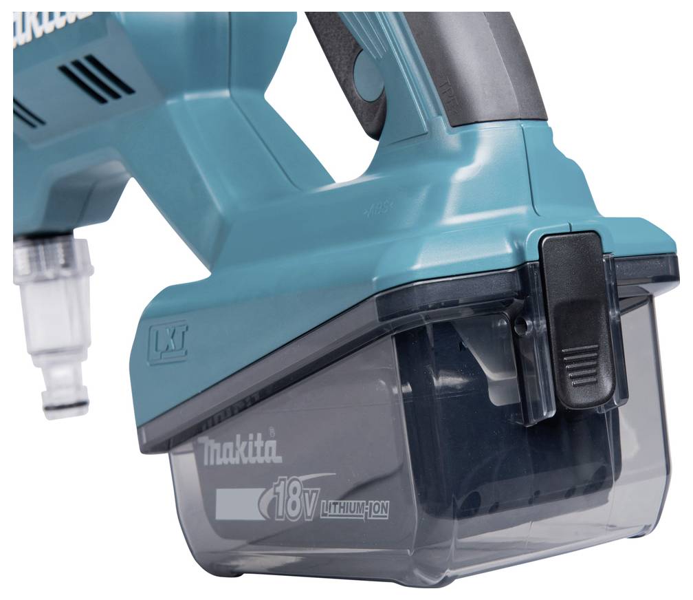 Aspirateur sans fil bleu avec batterie lithium-ion 18V, gros plan. Caractéristique principale : bac à poussière amovible. Idéal pour le nettoyage mobile.