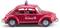 Une voiture miniature rouge en forme de Volkswagen Coccinelle classique, avec un gyrophare bleu sur le toit, portant l'inscription 'Hoechst'.