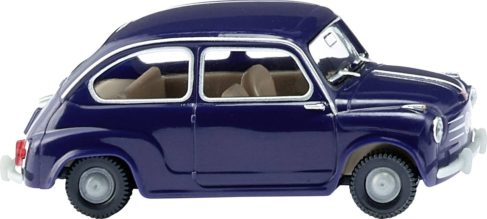 Une petite voiture de jouet bleue à deux places, avec l'intérieur visible, représentant une voiture classique de type citadine.