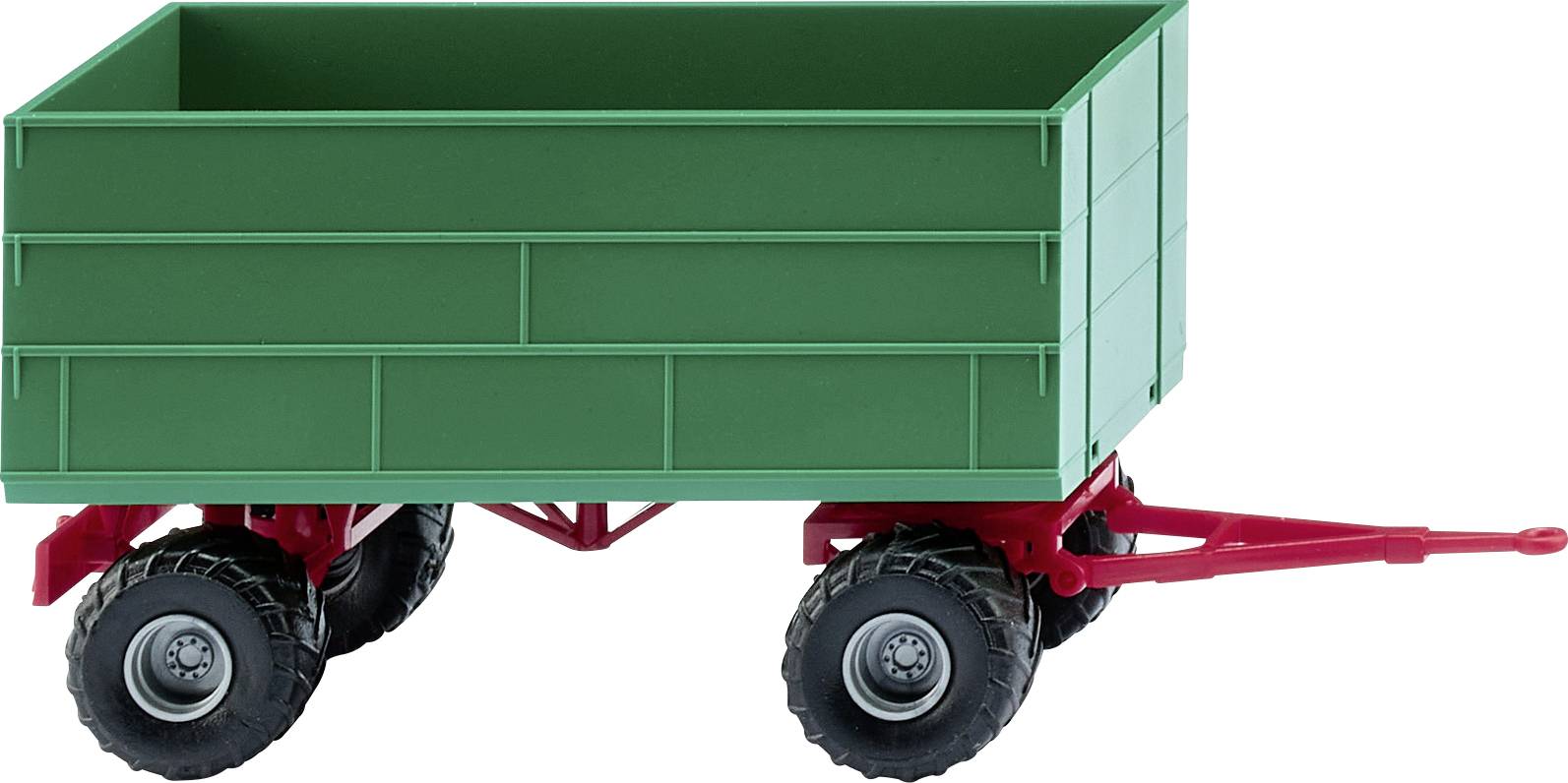 Un chariot vert avec des roues rouges et une flèche, adapté à des usages agricoles.