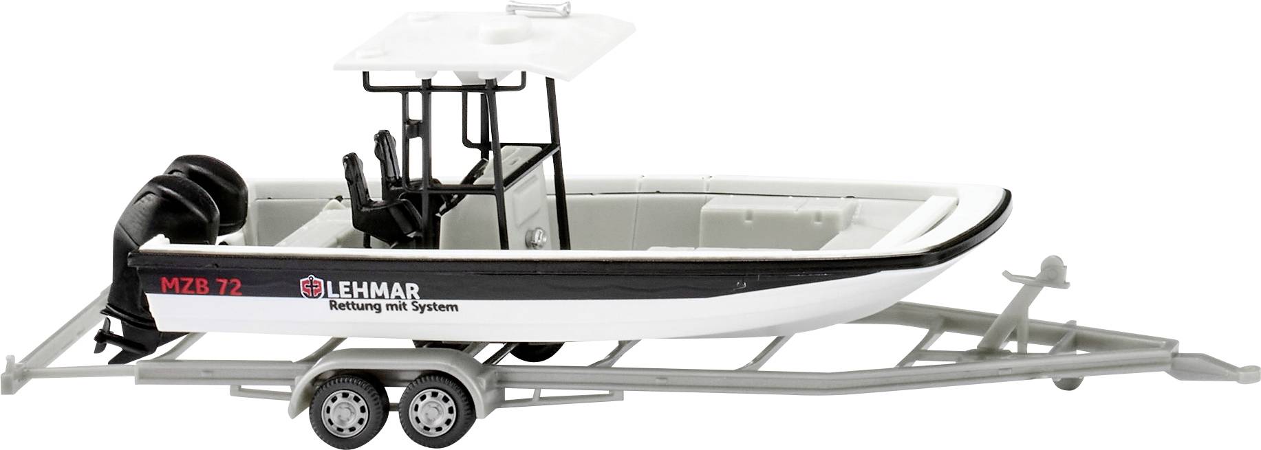 Un bateau de sauvetage blanc avec l'inscription 'LEHMAR Sauvetage avec système' sur une remorque.