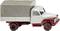Un camion-jouet gris et rouge avec une bâche. Le camion est en plastique et est présenté de côté.