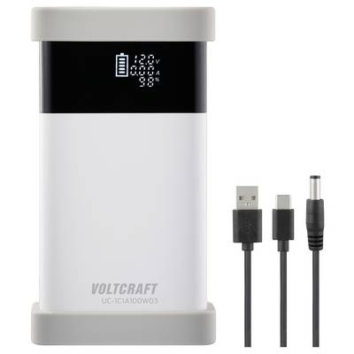 Une batterie externe portable avec un affichage numérique qui indique le niveau de charge. Comprend des câbles de charge USB et DC.