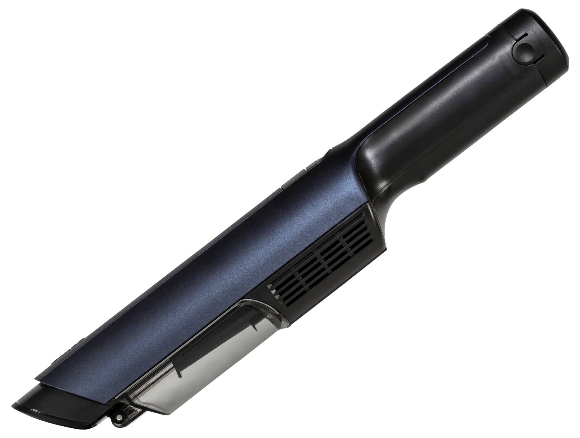 Un aspirateur à main sans fil en noir et bleu, adapté aux petites tâches de nettoyage à la maison ou dans la voiture.