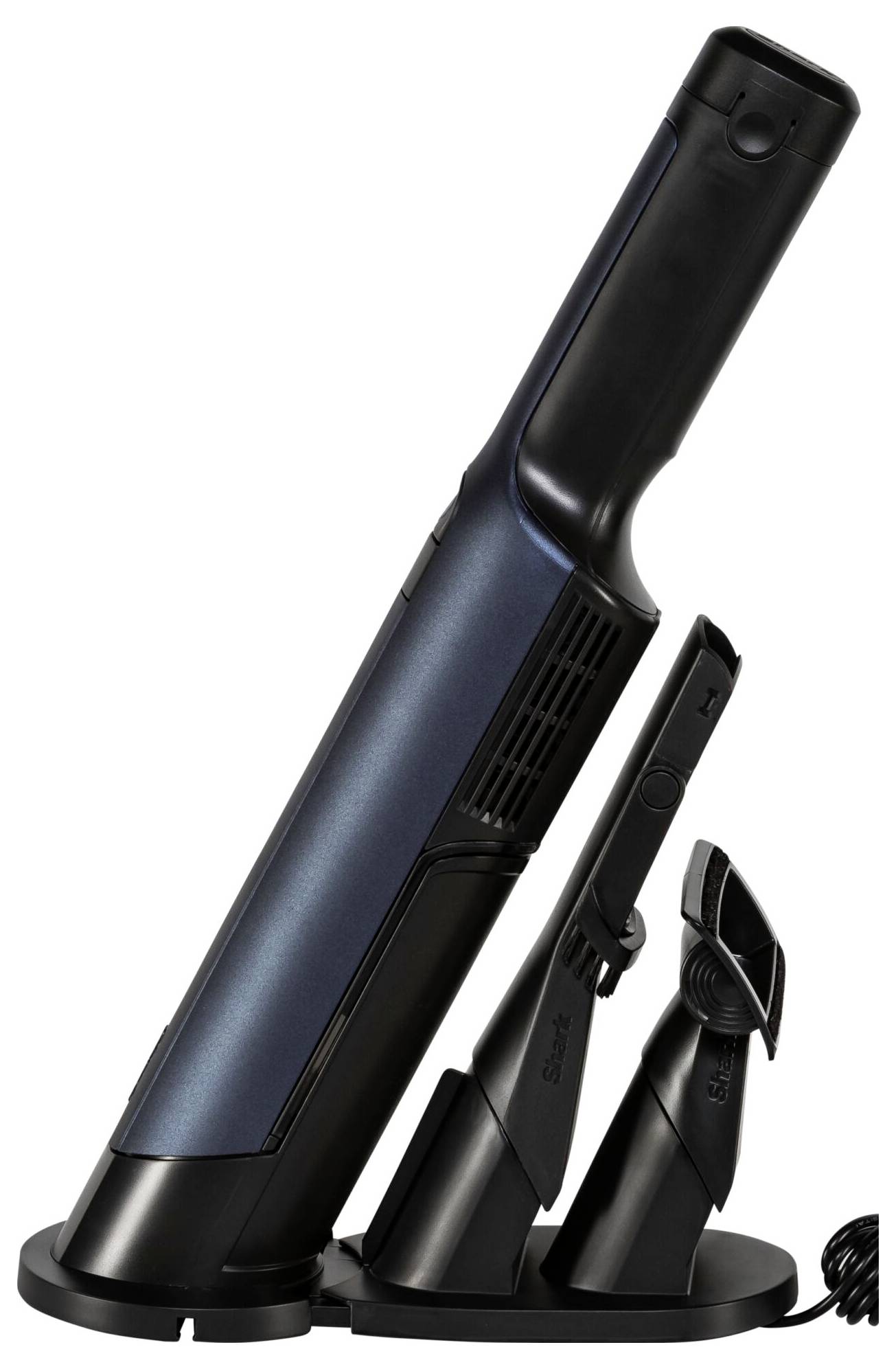 Aspirateur à main sur station de charge avec deux embouts. Design ergonomique en bleu foncé et noir. Idéal pour une utilisation rapide.