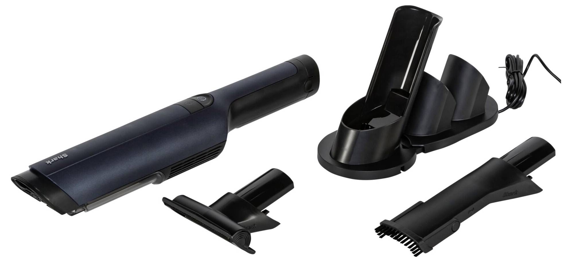 Aspirateur miniature sans fil en noir avec accessoires, comprenant une station de charge et deux embouts différents. Idéal pour les voitures.