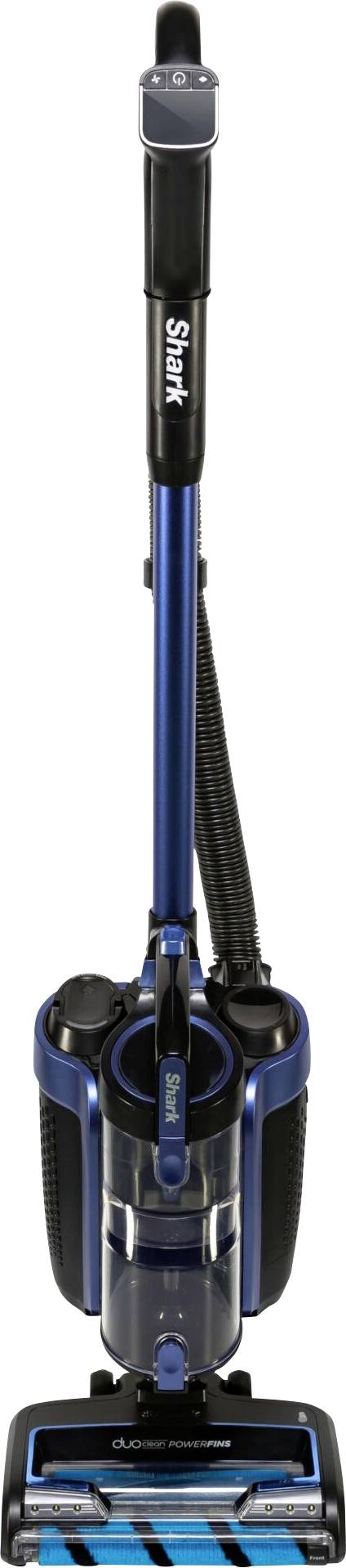 Aspirateur de couleur bleue, debout, vue de face.