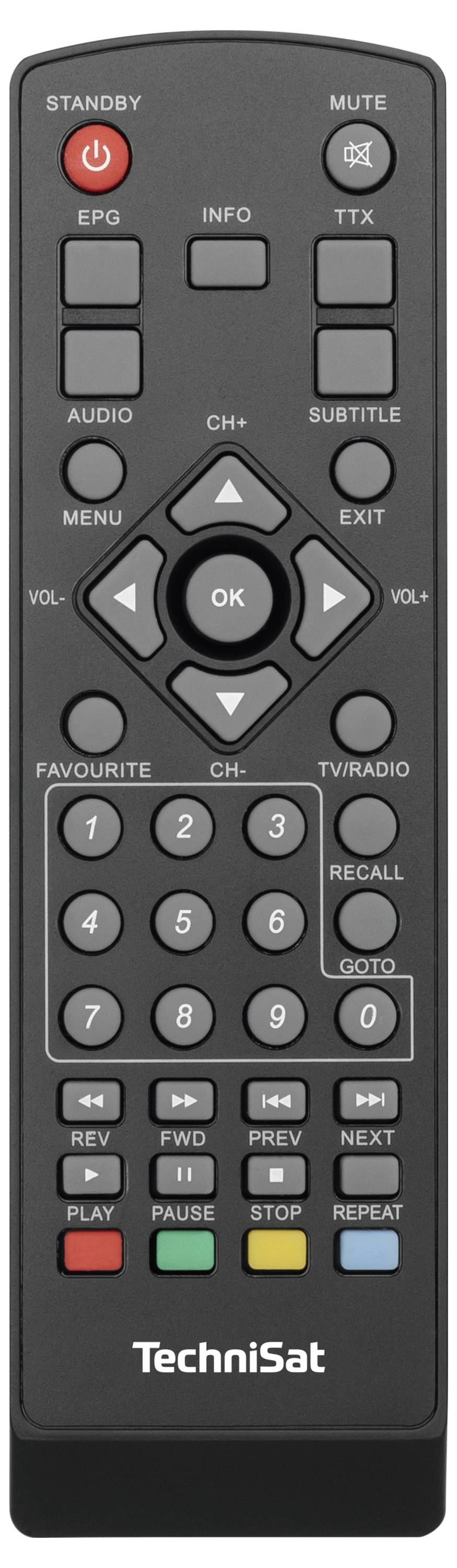 Télécommande avec touches de mise en veille, volume, changement de chaîne et navigation dans les menus. Marque et modèle : TechniSat.