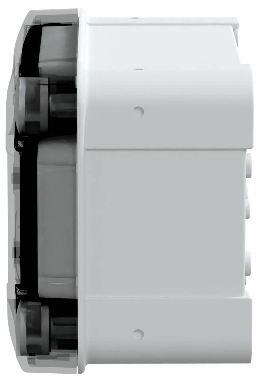 Vue de côté d'un appareil compact blanc, de forme rectangulaire avec des bords arrondis.