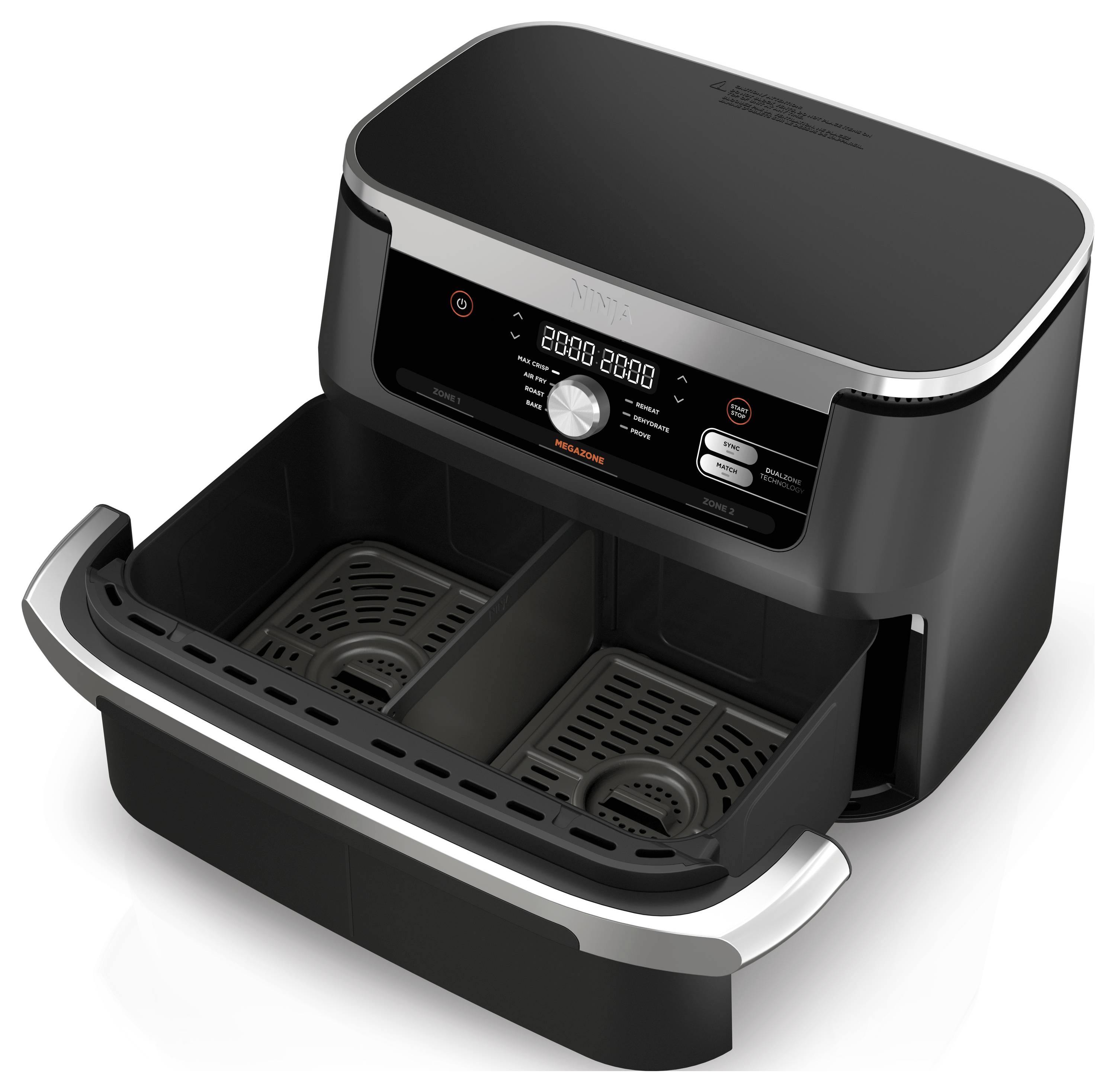 Friteuse à air chaud à deux compartiments avec panneau de commande numérique, idéale pour préparer simultanément différents plats.