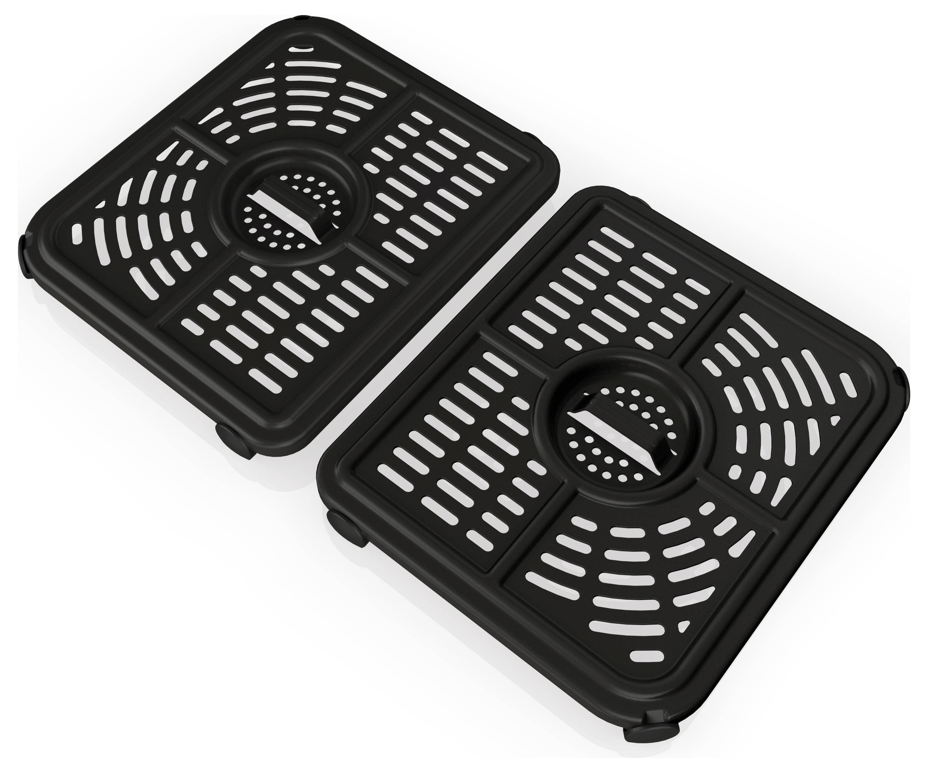 Deux grilles de drainage noires rectangulaires côte à côte, avec des fentes symétriques pour l'évacuation de l'eau. Adaptées pour les éviers de cuisine.