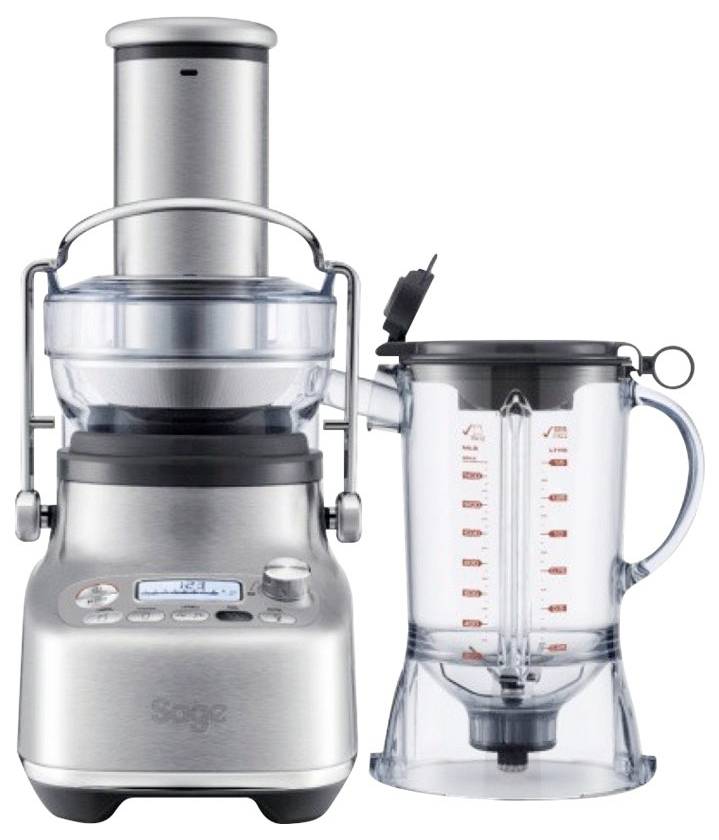 Extracteur de jus en acier inoxydable avec un récipient transparent amovible et un large goulot d'alimentation. Idéal pour la préparation de jus.